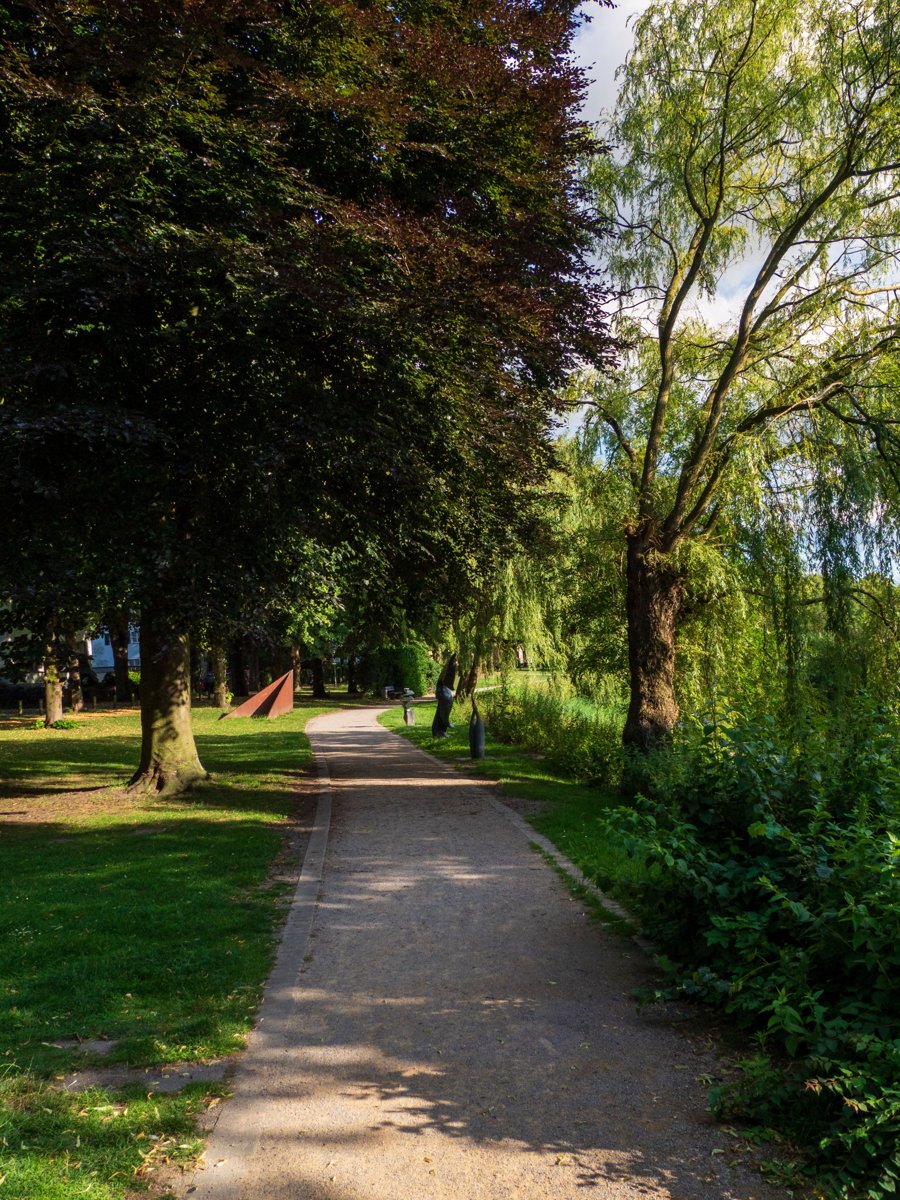 A maintained walking path through a green park