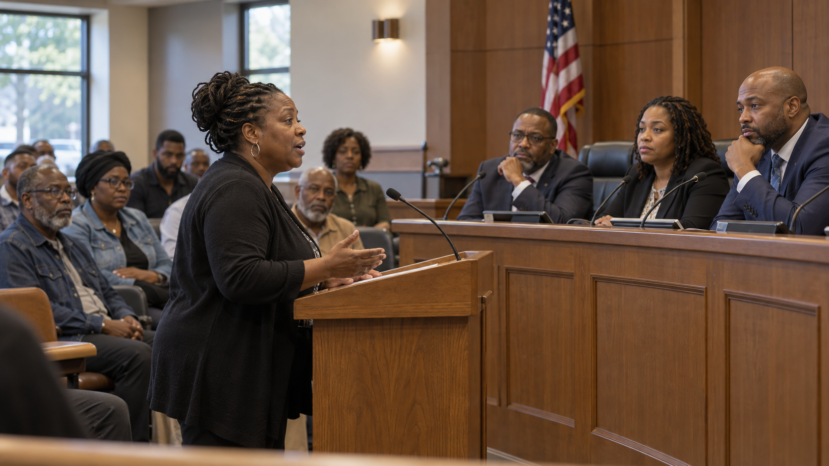 AI illustration of Black residents and council members in a city council discussion