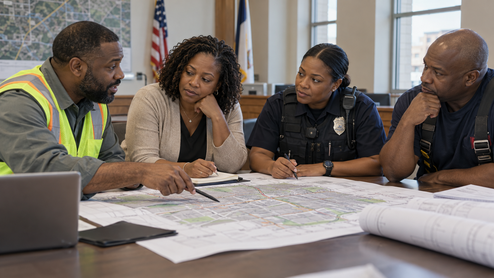 AI illustration of Black public works, City Hall, and public safety staff collaborating