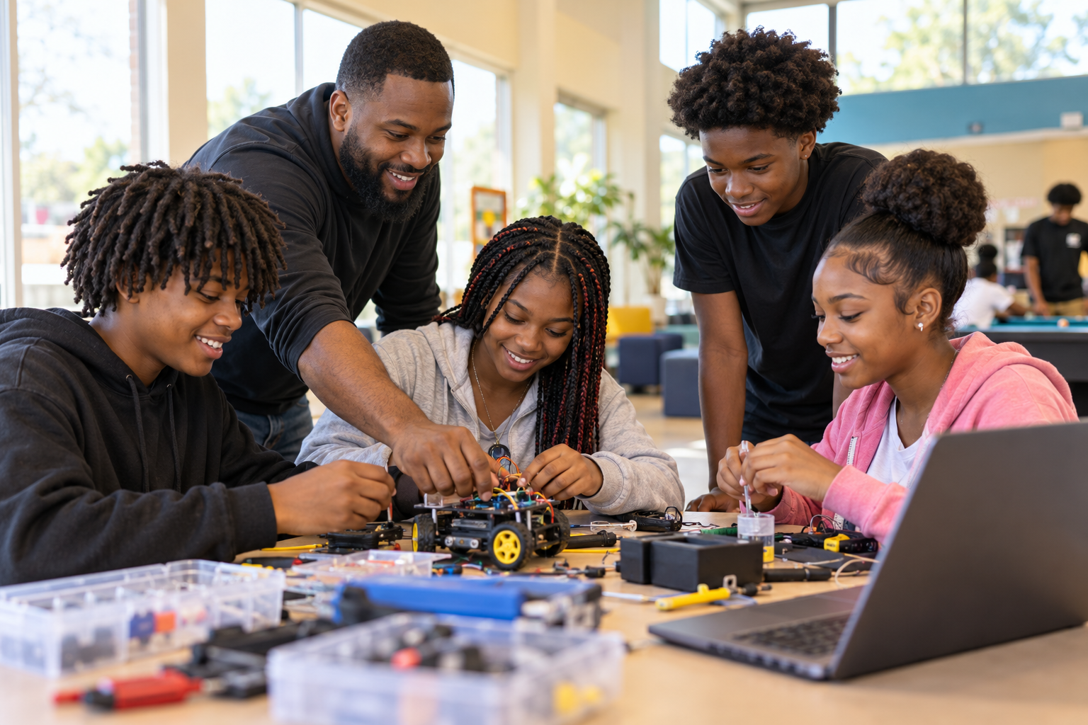 Young people collaborating with an adult mentor